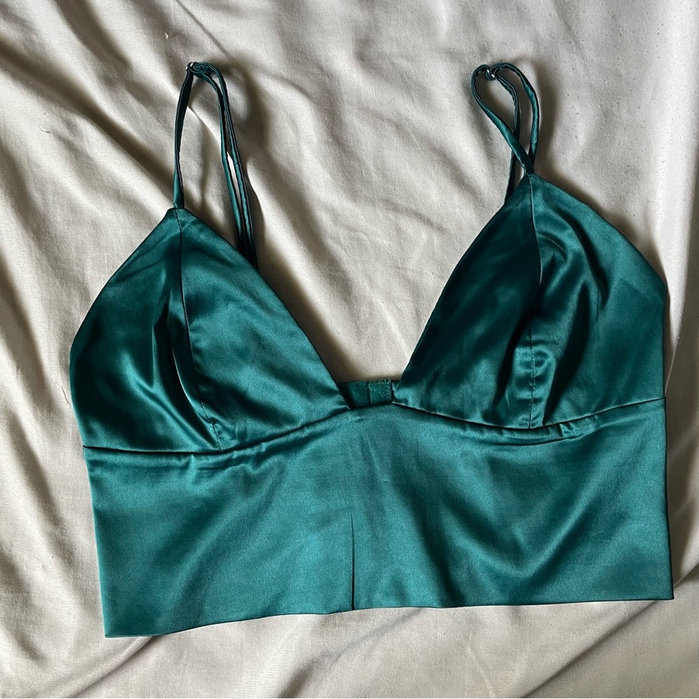 Concept Apparel Deep Emerald Green Satin Bralette Crop Top